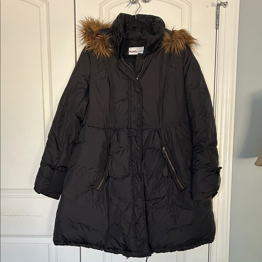 Momo Maternity Black Puffer Coat with Faux Fur Trim